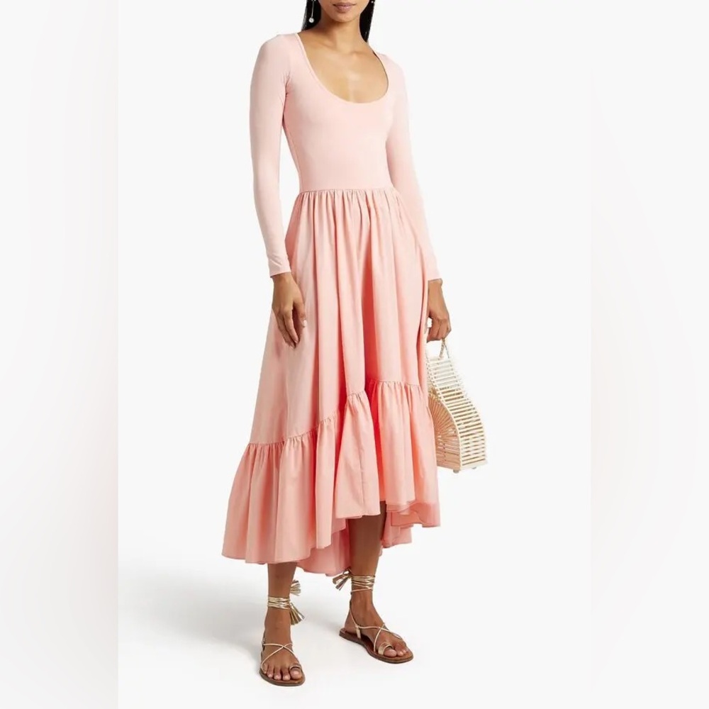 Caroline Constas Millie Gathered Poplin Paneled Jersey Midi Dress Blush